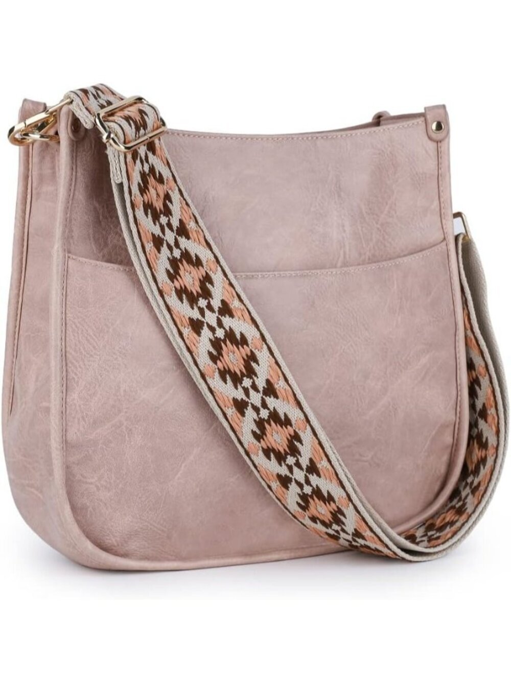 Women's Light Pink Leather Small Crossbody Bag Wide Guitar Strap Shoulder Purse - Picture 1 of 6